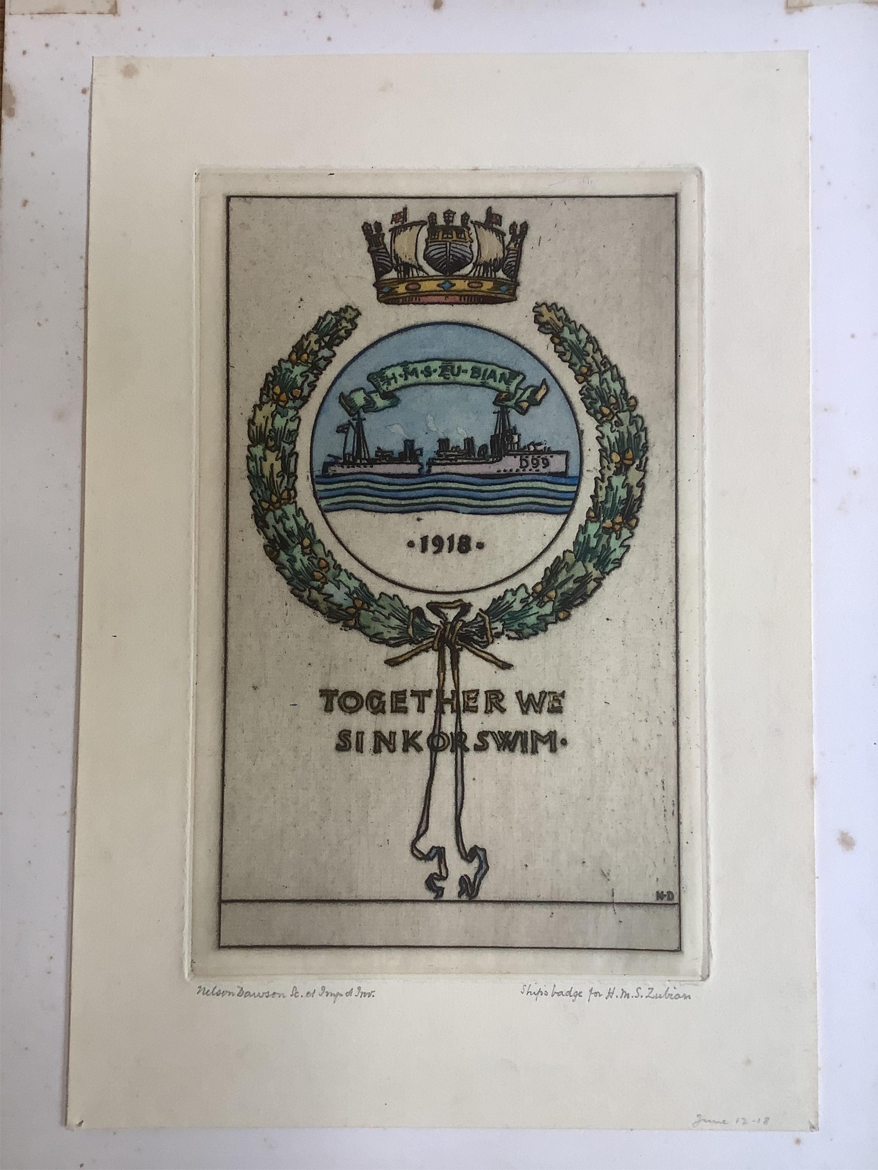 Nelson Dawson (1859-1941), original design for the Ships badge for HMS Zubian, signed and inscribed, a hand coloured example of the etching derived from it and a commemorative etching for Capt Neville, 3rd Dragoon Guards